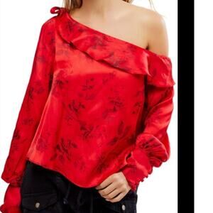 Free people floral one-shoulder satin top Red medium holiday whimsygoth sexy